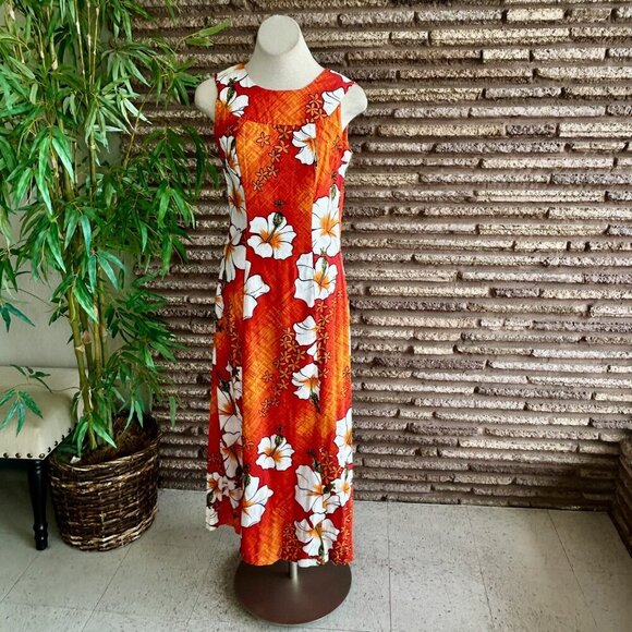 Vintage 60s Hawaiian Orange Floral Tiki Barkcloth Maxi Dress from Penney's - Picture 2 of 11